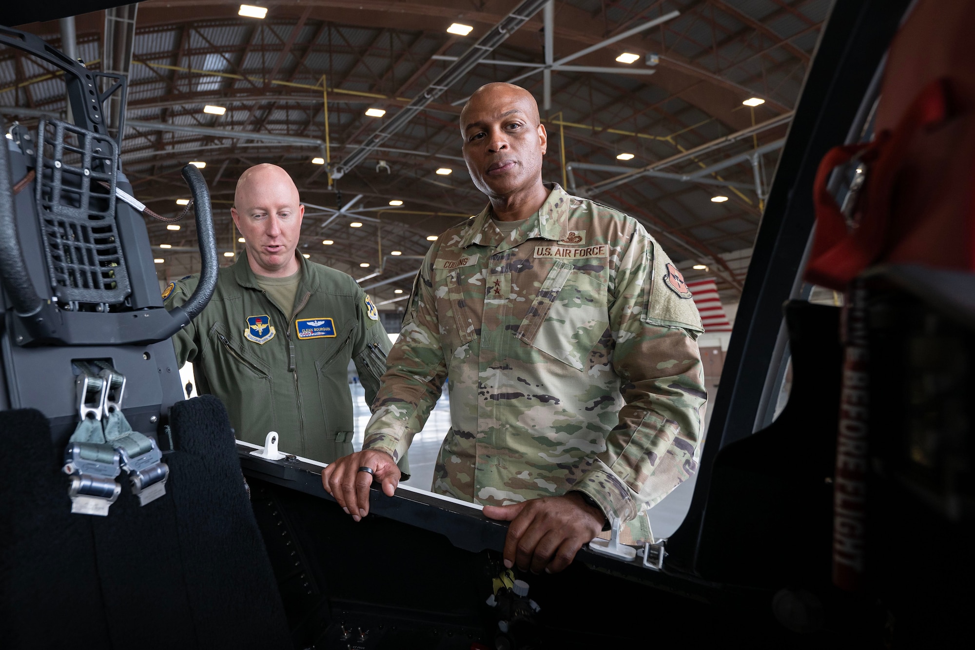 U.S. Air Force Lt. Col. Phillip Bourquin, 99th Flying Training Squadron director of operations, briefs Maj. Gen. Roy Collins, Air Education and Training Command deputy commander, about the training capabilities of the T-7A Red Hawk during his tour of the 12th Training Squadrons T-7A simulators and aircraft at Joint Base San Antonio-Randolph, July 29, 2026. The visit allowed Collins to gain firsthand insight into how the T-7A Red Hawk GBTS will be used to prepare future Air Force pilots. During the tour, he learned how the integrated simulator and aircraft training environment will enhance undergraduate pilot training by providing students with realistic, high-fidelity instruction before they transition to flying the aircraft.