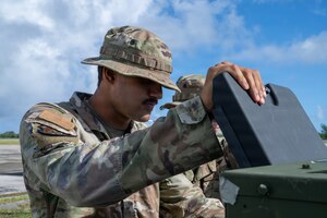 U.S. Air Force Staff Sgt. Torren Vanderveen, 21st Combat Air Base Squadron electrical power production journeyman, configures a generator during Exercise Valiant Shield 2026 on Rota, Commonwealth of the Northern Mariana Islands, June 29, 2026. The 21st CABS integrates multi-capable Airmen across logistics, engineering, communications and force protection to rapidly establish and sustain airbase operations in support of distributed operations throughout the Indo-Pacific. (U.S. Air Force photo by Senior Airman Adrien Tran)