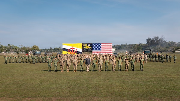 U.S. Army, Oklahoma Army National Guard and Royal Brunei Land Force celebrate the beginning of Exercise Pahlawan Warrior 26 during an opening ceremony at Tutong Camp near Bandar Seri Begawan, Brunei, Aug. 11, 2026.