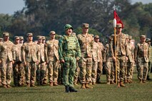 Oklahoma Army National Guard and Royal Brunei Land Force Soldiers stand in formation during the opening ceremony for Exercise Pahlawan Warrior at Tutong Camp near Bandar Seri Begawan, Aug. 11, 2026.