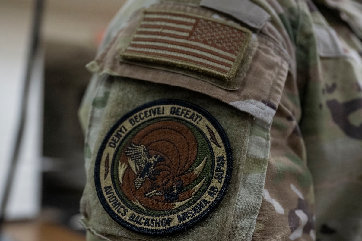 A U.S. Air Force avionics technician assigned to the 35th Maintenance Squadron wears an avionics backshop patch at Misawa Air Base, Japan, Aug. 5, 2026.