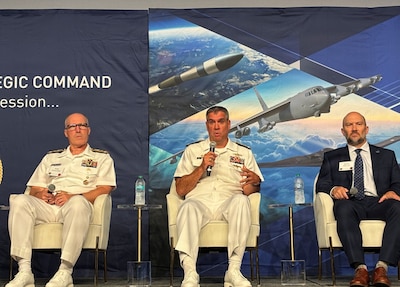 Omaha, Neb. -  Vice Adm. Douglas Williams (center), director of Portfolio Acquisition Executive (PAE) Strategic Systems Programs (SSP), provided insight into supercharging the Navy’s strategic weapons systems (SWS) defense industrial base at the U.S. Strategic Command (STRATCOM) Deterrence Symposium on Aug. 6, 2026, in Omaha, Nebraska. He was joined by Gen. Dale White, direct reporting program manager of Critical Major Weapons Systems; Vice Adm. Robert Gaucher (left), director of submarine programs; Dr. Brad Wallin (right), deputy director of Lawrence Livermore National Lab; and Johnathon Caldwell, vice president of strategic and missiles defense systems at Lockheed Martin.  

U.S. Navy Photo by Shelby Thompson/Released