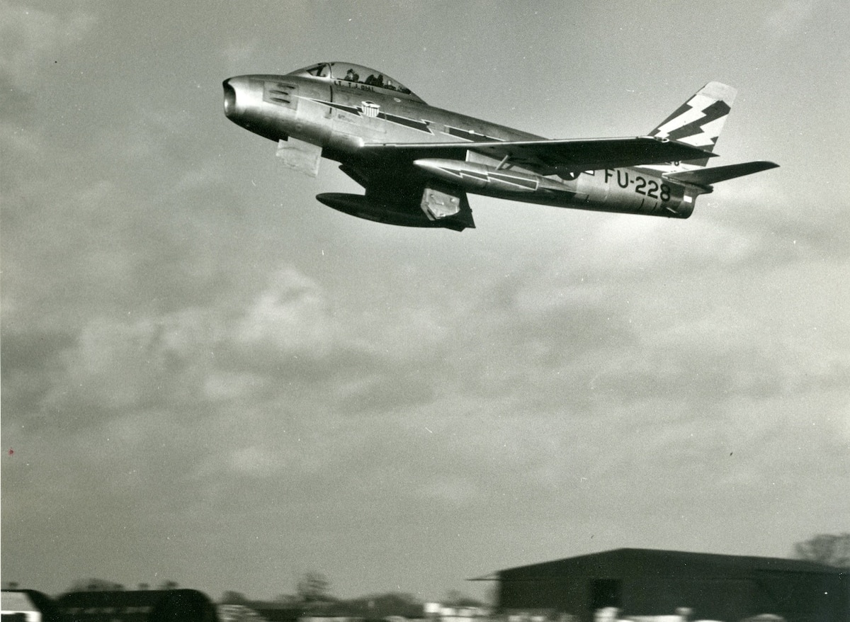 An F-86A from the 81st Fighter Interceptor Wing takes off from its base in the United Kingdom.