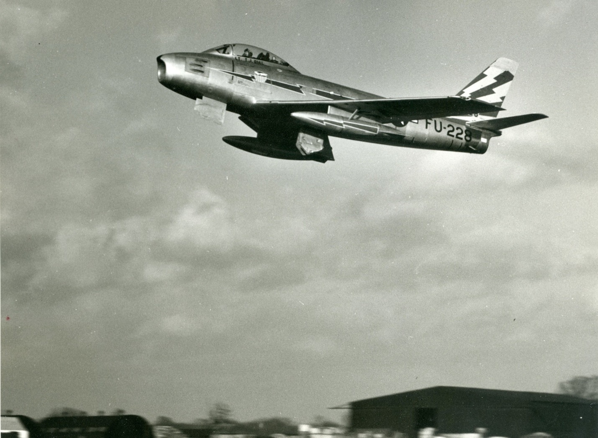 An F-86A from the 81st Fighter Interceptor Wing takes off from its base in the United Kingdom.