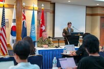 Australian Lt. Gen. Scott Winter (center), Deputy Commander of United Nations Command (UNC), provides reporters with an update on UNC's contributions to the Ulchi Freedom Shield 2026 exercise during a press conference at USAG Yongsan in Seoul, South Korea, on August 6, 2026.