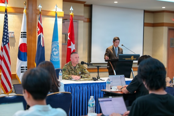 Australian Lt. Gen. Scott Winter (center), Deputy Commander of United Nations Command (UNC), provides reporters with an update on UNC's contributions to the Ulchi Freedom Shield 2026 exercise during a press conference at USAG Yongsan in Seoul, South Korea, on August 6, 2026.