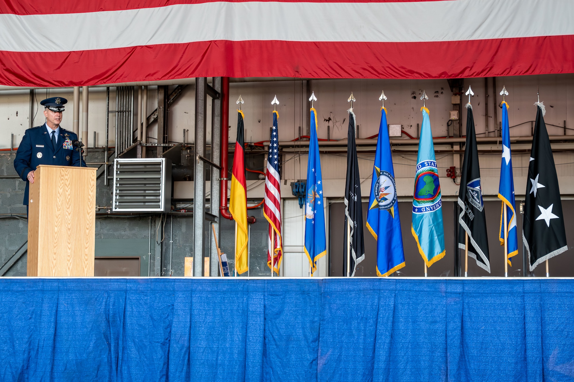 U.S. Air Force Gen. Alexus G. Grynkewich, commander, U.S. European Command and NATO Supreme Allied Commander Europe, provides remarks during a change of command ceremony
