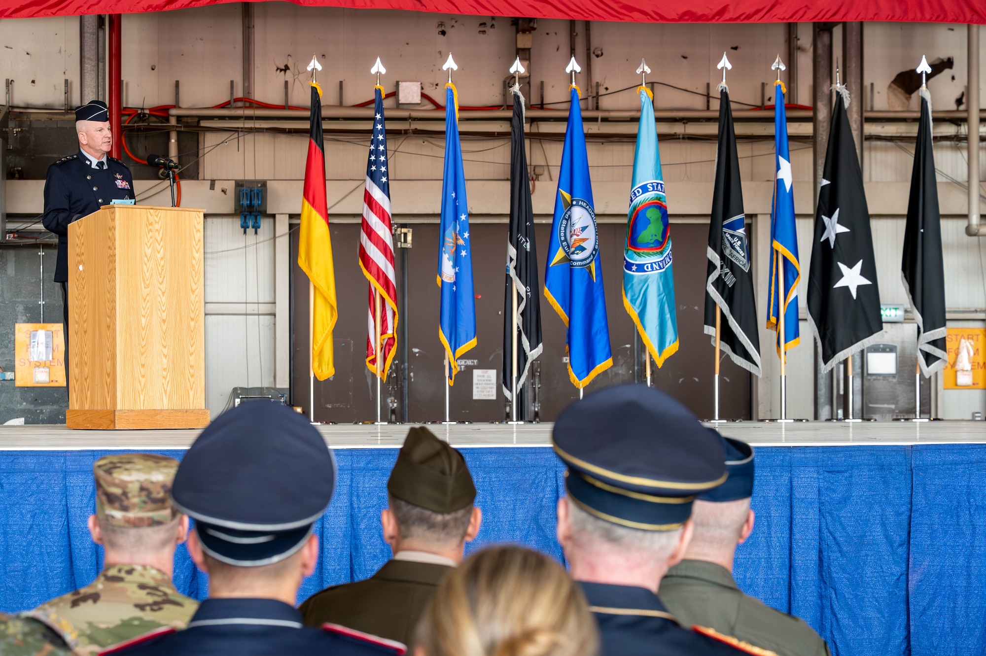 U.S Space Force Lt. Gen. Dennis O. Bythewood, U.S. Space Forces - Space commander and Combined Joint Force Space Component commander for U.S. Space Command, provides remarks during a change of command ceremony