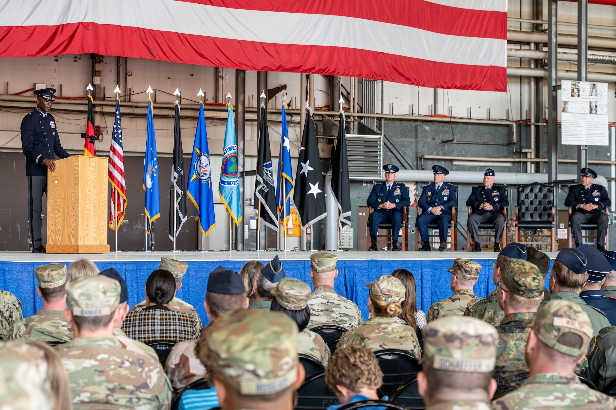 U.S. Space Force Brig. Gen. Jacob Middleton, U.S. Space Forces Europe – Space Forces Africa outgoing commander, provides remarks during a change of command ceremony