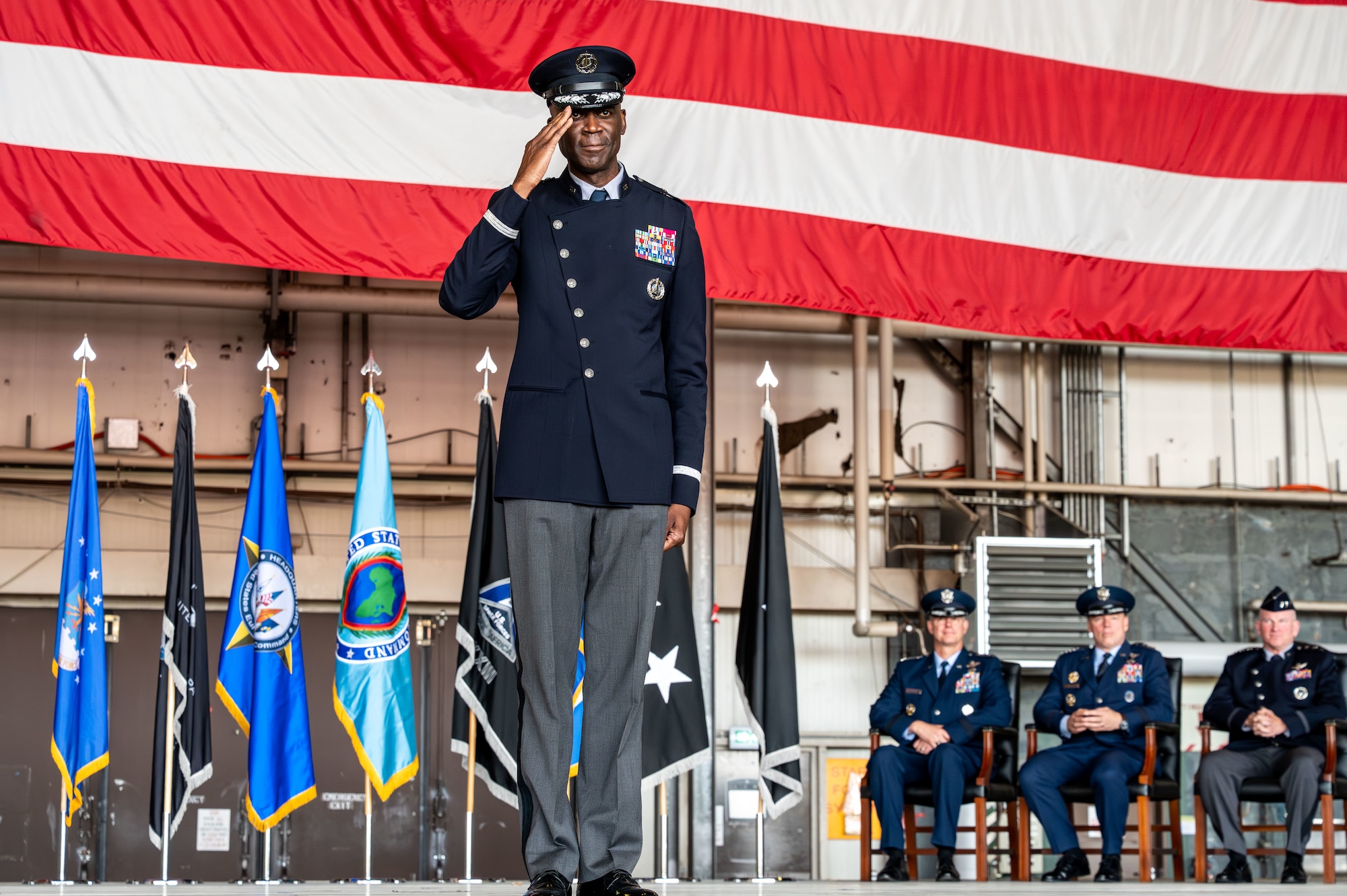 U.S. Space Force Brig. Gen. Jacob Middleton, U.S. Space Forces Europe – Space Forces Africa outgoing commander, renders a final salute to Guardians assigned to SPACEFOREUR-AF