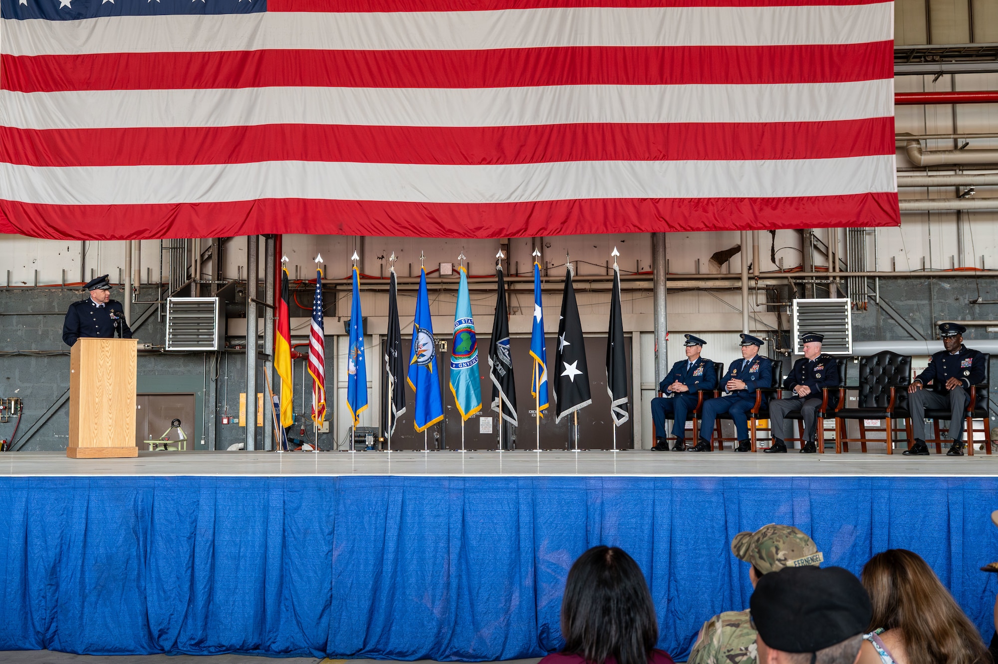 U.S. Space Force Brig. Gen. Christopher A. Fernengel, U.S. Space Forces Europe – Space Forces Africa incoming commander, provides remarks during a change of command ceremony