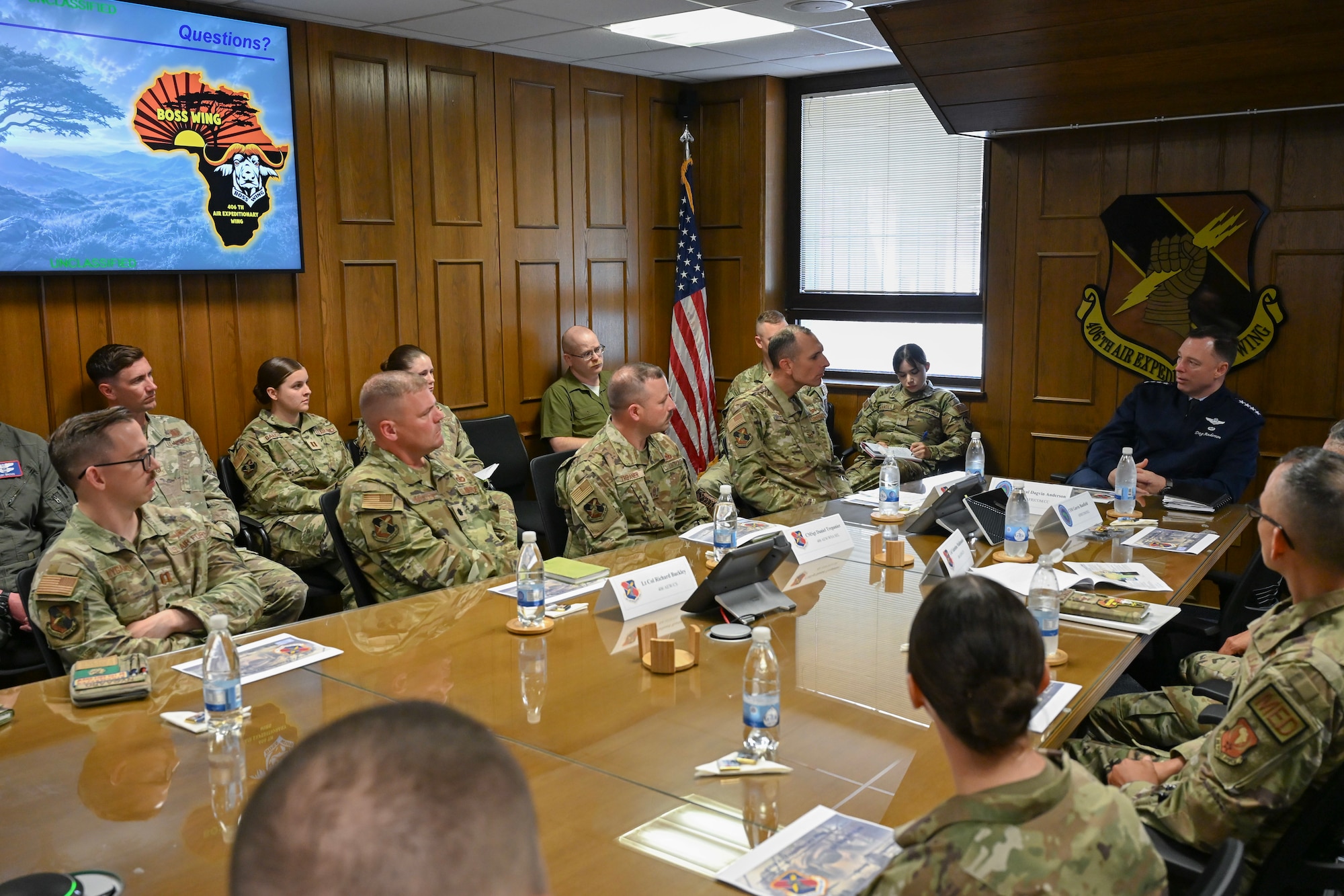 U.S. Air Force Gen. Dagvin Anderson, commander, U.S. Africa Command, far right, gives remarks at the conclusion of a 406th Air Expeditionary Wing immersion brief at Ramstein Air Base, Germany, August 10, 2026. The visit allowed Anderson to learn firsthand the functions of the 406th AEW A-Staff and its role in USAFRICOM operations across the African continent. (U.S. Air Force photo by Capt. Benjamin Aronson)