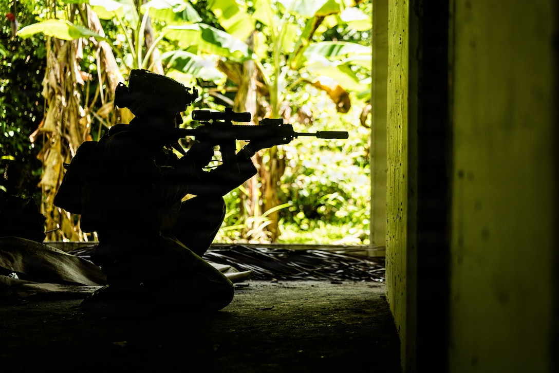 A U.S. Marine with 3rd Battalion, 2nd Marine Regiment, Littoral Combat Force-24, participates in a close-quarters combat training with Marine Special Operations Team 8041 in Colón, Panama, Aug. 4, 2026. U.S. military forces are deployed to the U.S. Southern Command area of responsibility in support of Joint Task Force Western Hemisphere, Department of War-directed operations, and the President’s priorities to disrupt illicit drug trafficking, deter malign actors, and protect the through continuous presence. (U.S. Marine Corps photo)