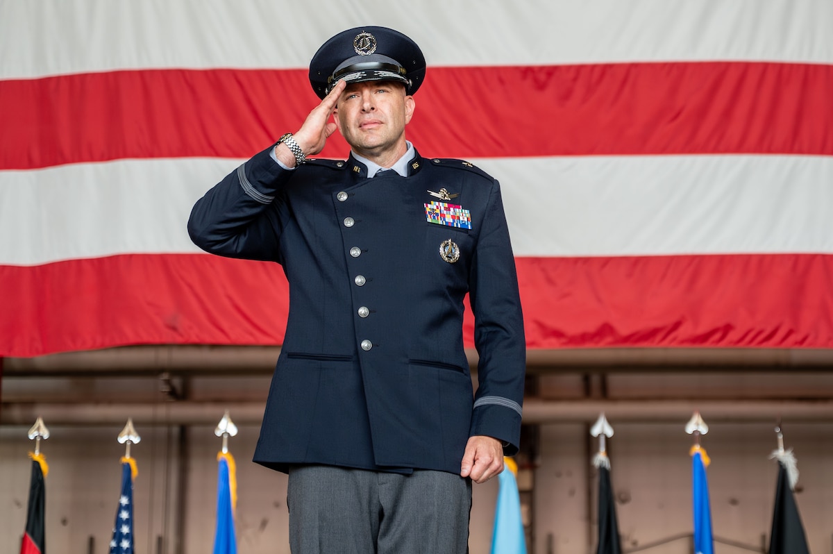 U.S. Space Force Brig. Gen. Christopher A. Fernengel, U.S. Space Forces Europe – Space Forces Africa incoming commander, renders a first salute to Guardians assigned to SPACEFOREUR-AF