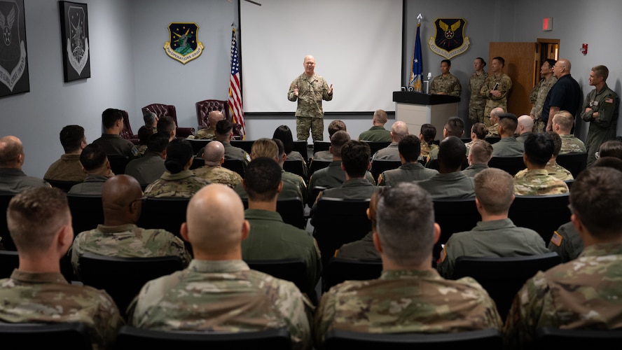 U.S. Air Force Gen. S.L. Davis, commander of Air Force Global Strike Command, speaks to Airmen assigned to the 91st Operations Group at Minot Air Force Base, North Dakota, July 30, 2026.