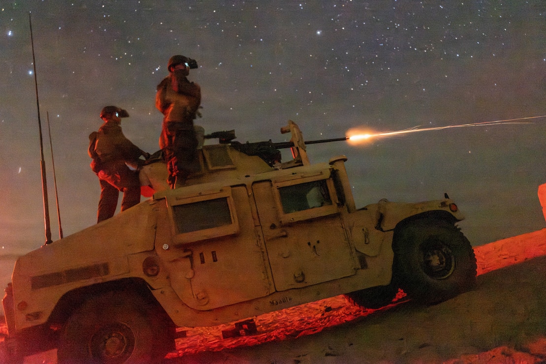 U.S. Marines with Weapons Company, 2nd Battalion, 1st Marine Regiment, 1st Marine Division, fire an M2 .50-caliber heavy machine gun during a heavy machine gun range as a part of Adversary Force Exercise 4-26 at Marine Corps Air-Ground Combat Center Twentynine Palms, California, Aug. 9, 2026. AFX serves as an opportunity for units to receive training and certification across multiple warfighting functions in realistic force-on-force scenarios. (U.S. Marine Corps photo by Sgt. Vincent Needham)
