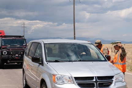 Members of the Colorado Army National Guard’s 220th Military Police Company support the Pueblo County Sheriff’s office, managing traffic control points for road closures and evacuated areas near the Aspen Acres Fire, Pueblo, Colorado, July 9, 2026.
