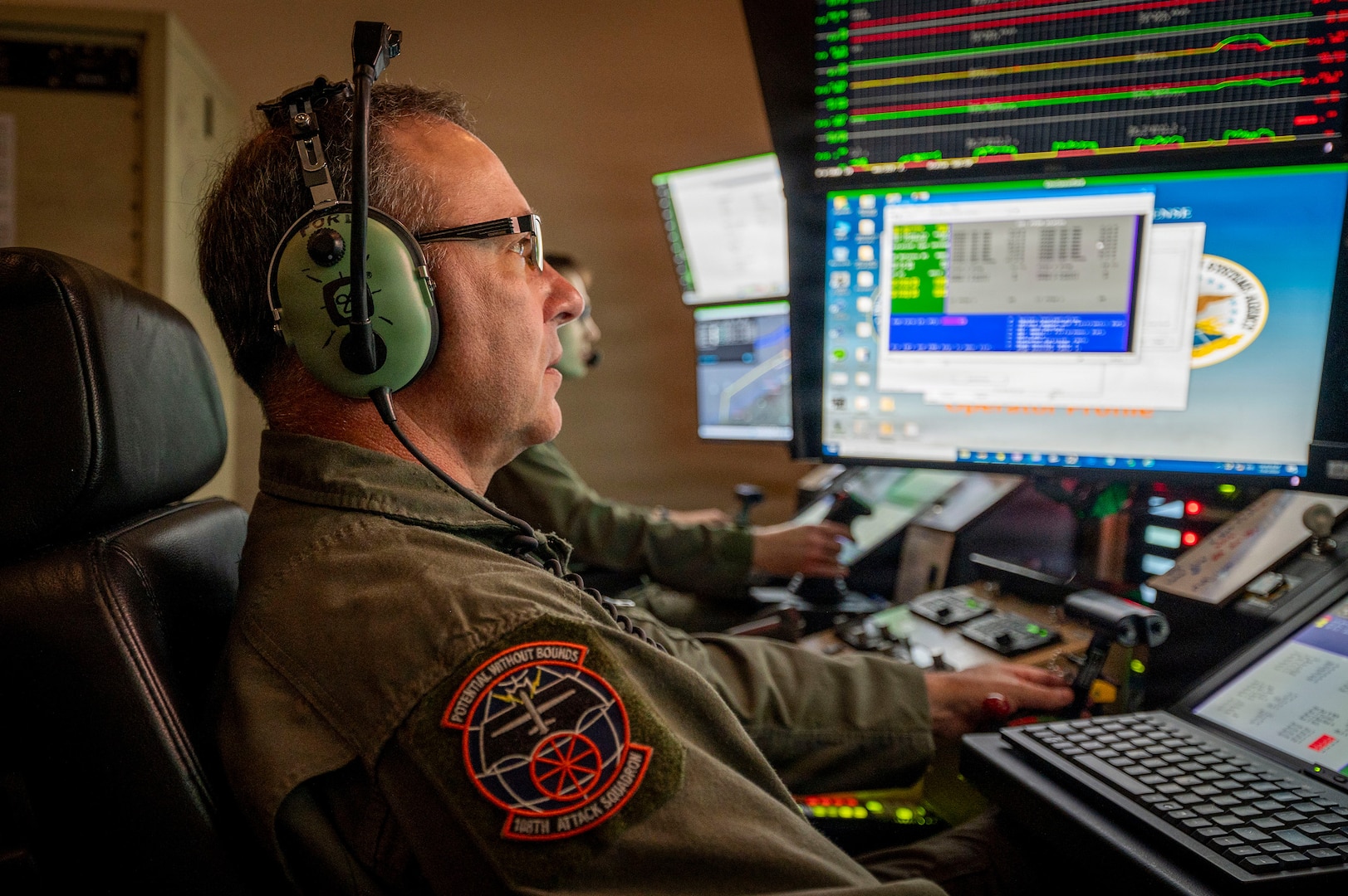 U.S. Air Force Master Sgt. Charles Skinner, a MQ-9 sensor operator assigned to the 108th Attack Squadron, 174th Attack Wing, operates an MQ-9 Reaper remotely piloted aircraft from Hancock Field Air National Guard Base in Syracuse, New York, July 9, 2026, during search and rescue operations over Lake Erie for a missing boater.