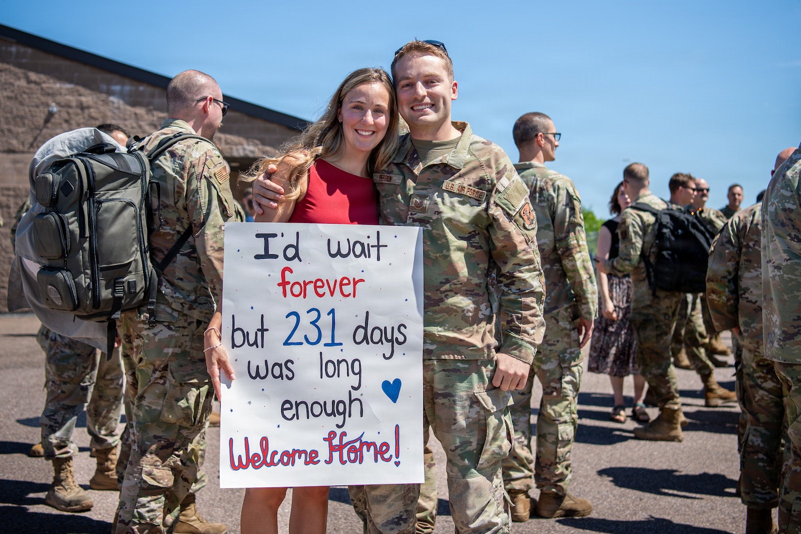 A photo of U.S. Air Force Airmen assigned to the 158th Fighter Wing returning from an overseas deployment, arriving back to the Vermont Air National Guard, South Burlington, VT.
