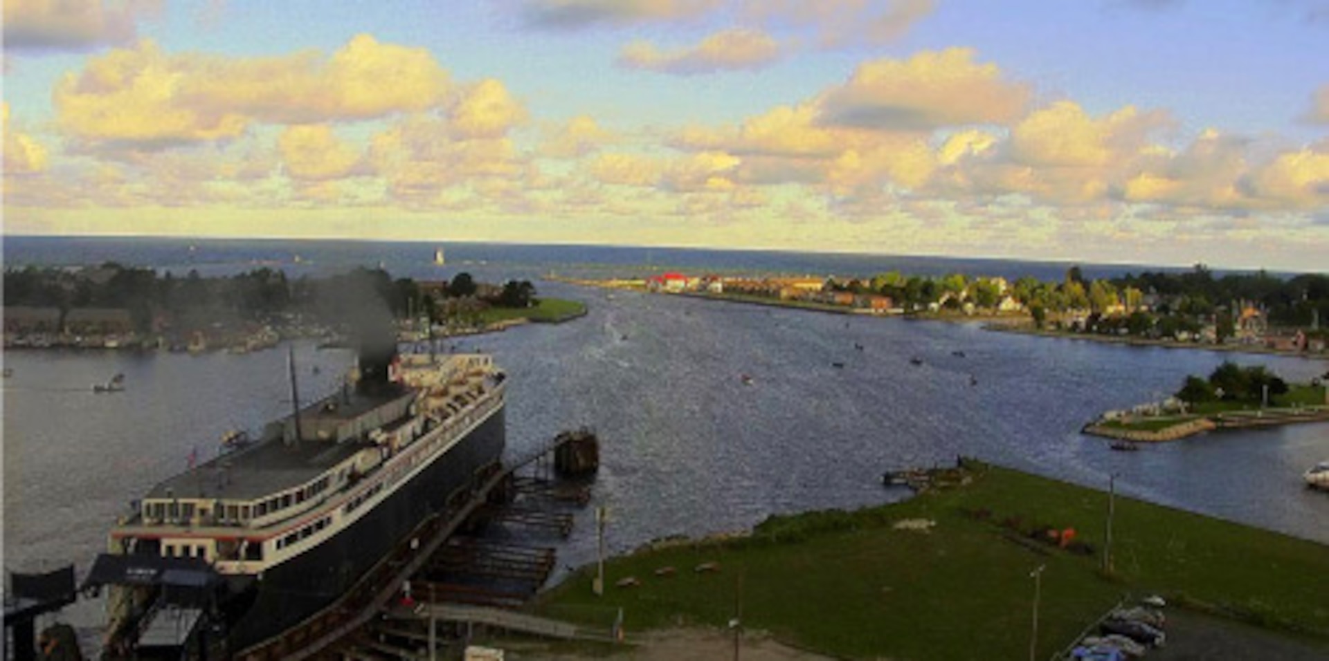 A pleasure passenger vessel sits in the Ludington Harbor shipping channel on Lake Michigan in Michigan on August 24, 2025. The U.S. Coast Guard is activating a regulated navigation area covering all navigable waters of the Ludington Harbor Ship Channel and Pere Marquette Lake, as well as navigable waters of Lake Michigan. (Courtesy photo by Ludington Police Chief Chris Jones)