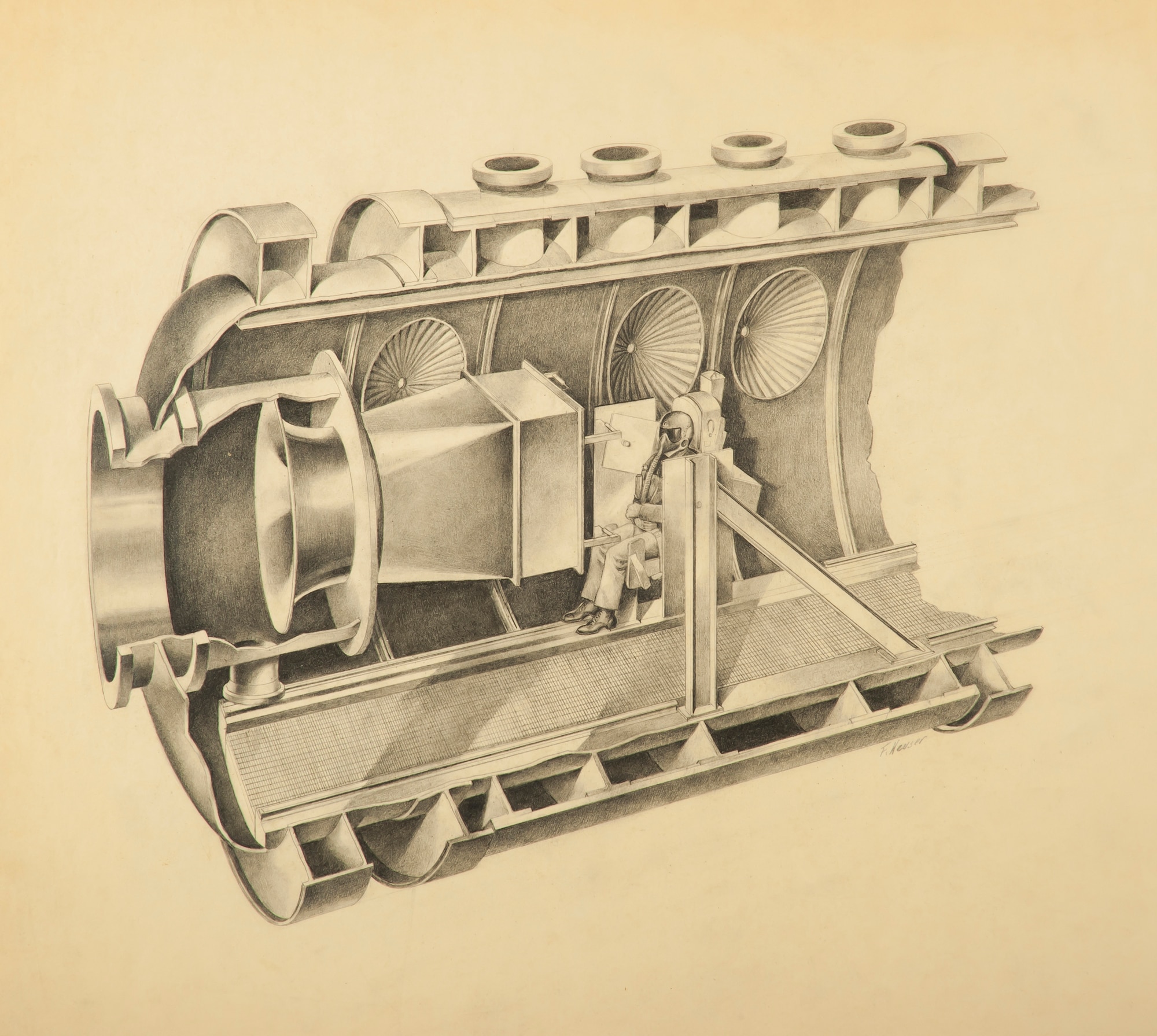 This illustration shows how a dummy would be situated in the T-2 test cell of the Arnold Engineering Development Center Engine Test Facility for pilot clothing and equipment testing conducted in 1957. In June of that year, wind blast testing was performed in the tunnel to assess the impact of dynamic pressure on several configurations of flight gear. (U.S. Air Force image)