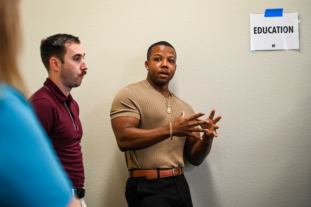 U.S. Air Force Tech. Sgt. Deshaun Gregory, 56th Equipment Maintenance Squadron commander’s executive assistant, discusses active communication and the importance of education during an interpersonal resiliency training course at Luke Air Force Base, Arizona, Aug. 6, 2026.