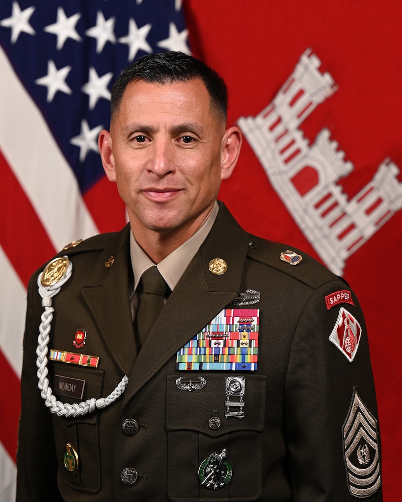 U.S. Army Corps of Engineers Command Sergeant Major Shade S. Munday, poses for an official portrait in the Army portrait studio at the Pentagon in Arlington, Virginia, J