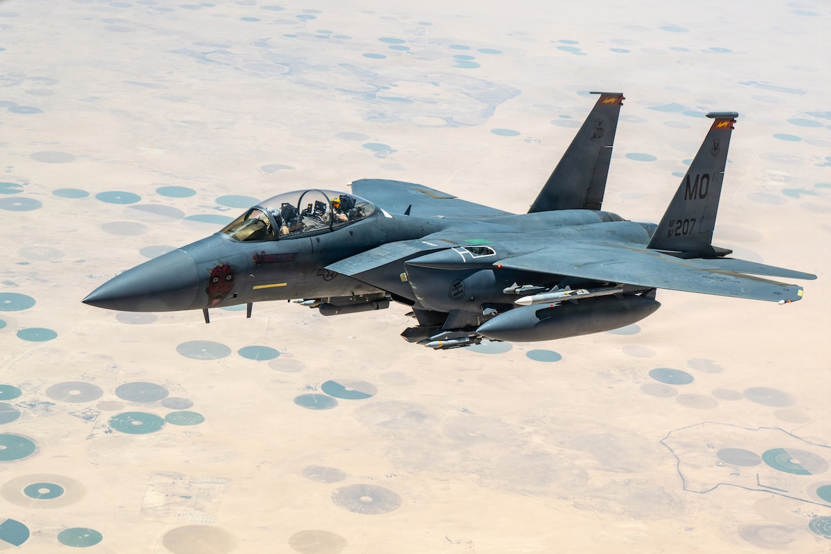 A U.S. Air Force F-15E Strike Eagle flies over the U.S. Central Command area of responsibility July 15, 2026. The F-15E provides all-weather air-to-air and air-to-ground combat capabilities that support regional security and operational readiness. (U.S. Air Force photo by Tech. Sgt. Tiffany A. Emery)