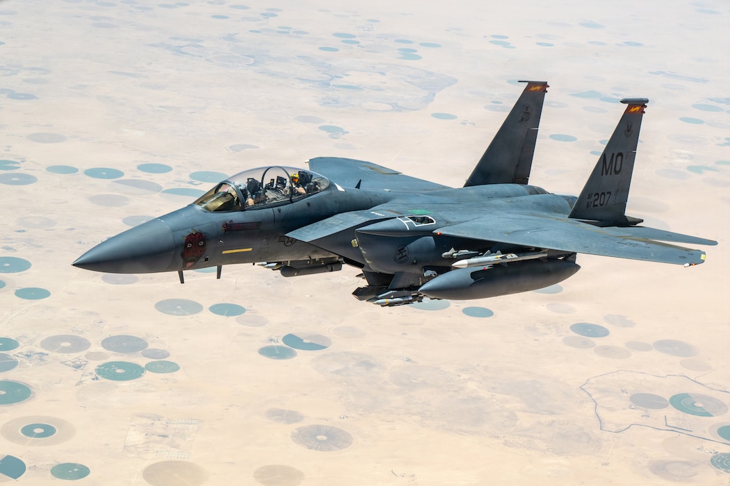 A U.S. Air Force F-15E Strike Eagle flies over the U.S. Central Command area of responsibility July 15, 2026. The F-15E provides all-weather air-to-air and air-to-ground combat capabilities that support regional security and operational readiness. (U.S. Air Force photo by Tech. Sgt. Tiffany A. Emery)