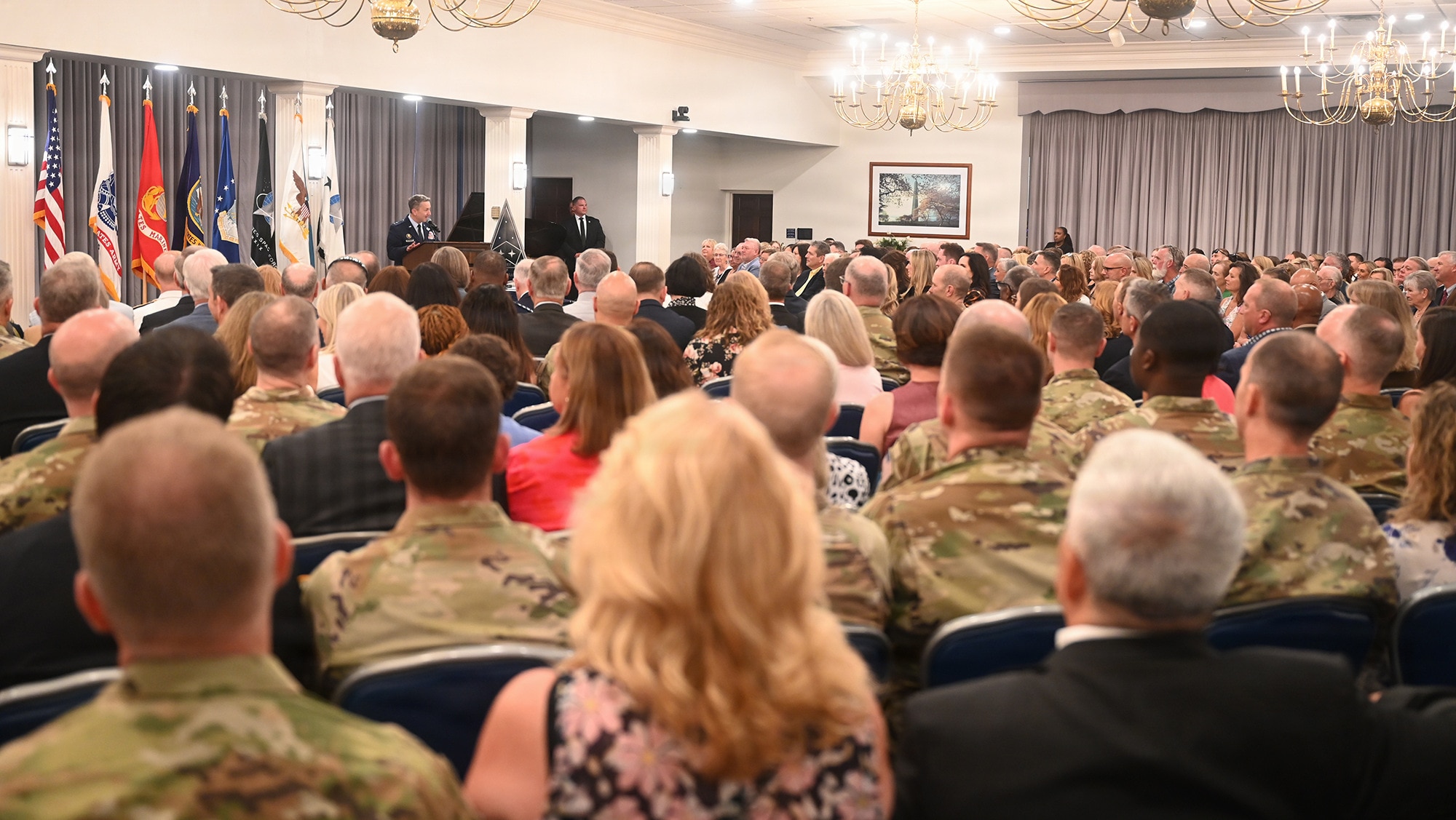 Chairman of the Joint Chiefs of Staff Gen. Dan Caine hosts a retirement ceremony in honor of Chief of Space Operations Gen. Chance Saltzman at Joint Base Anacostia-Bolling, Washington, D.C., Aug. 13, 2026.