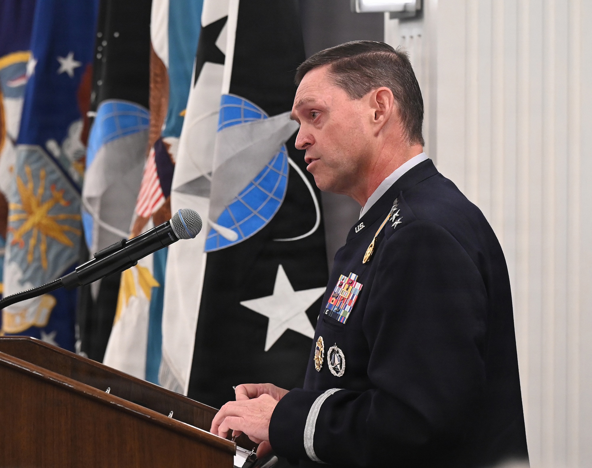 Chief of Space Operations Gen. Chance Saltzman speaks to the audience during his retirement ceremony at Joint Base Anacostia-Bolling, Washington D.C., Aug. 13, 2026.