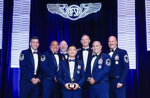U.S. Air Force MSgt Justin Dougherty (left), MSgt Serafin Rosa, MSgt Joshua Robley, MSgt Shaun Kho, Lt. Col. Greg Carter, SMSgt Jose Pineda, and CMSgt Aaron Akridge from the 333rd Recruiting Squadron, 369th Recruiting Group, attended the Air Force Sergeants Association Summit 2026 at the Orlando Hilton, Orlando, Florida, Aug. 7-13, 2026. MSgt Kho was named the 2026 Air Force Recruiter of the Year.