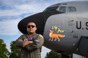 U.S. Air Force 1st Lt. Ulysses Campos, 351st Air Refueling Squadron pilot, poses in front of a KC-135 Stratotanker before a refueling mission at RAF Mildenhall, England, July 28, 2026.