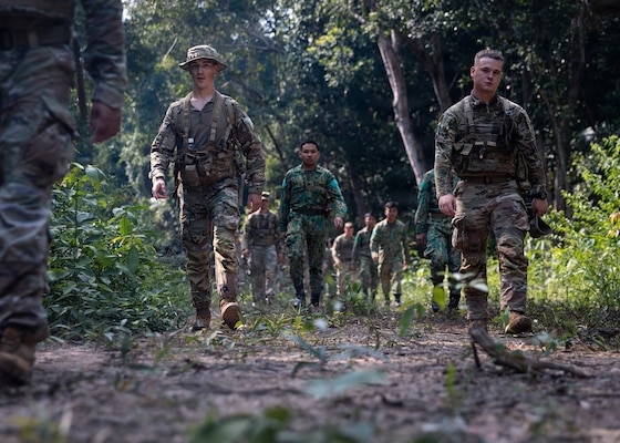 U.S. Army and RBLF personnel establish their pace count during jungle navigation training at Tutong Camp, Brunei Darussalam, Aug. 12, 2026. Oklahoma Army National Guard Soldiers with 1st Squadron, 180th Regiment, 45th Infantry Brigade Combat Team worked alongside 3rd Platoon, Alpha Company, 2nd Battalion, RBLF to develop land navigation skills in a jungle environment as part of Exercise Pahlawan Warrior 26. Exercise Pahlawan Warrior is a biennial bilateral exercise between the U.S. Army Pacific and the RBLF, designed to enhance readiness, interoperability, and strengthen bilateral defense cooperation. (Oklahoma National Guard photo by Sgt. Danielle Rayon)