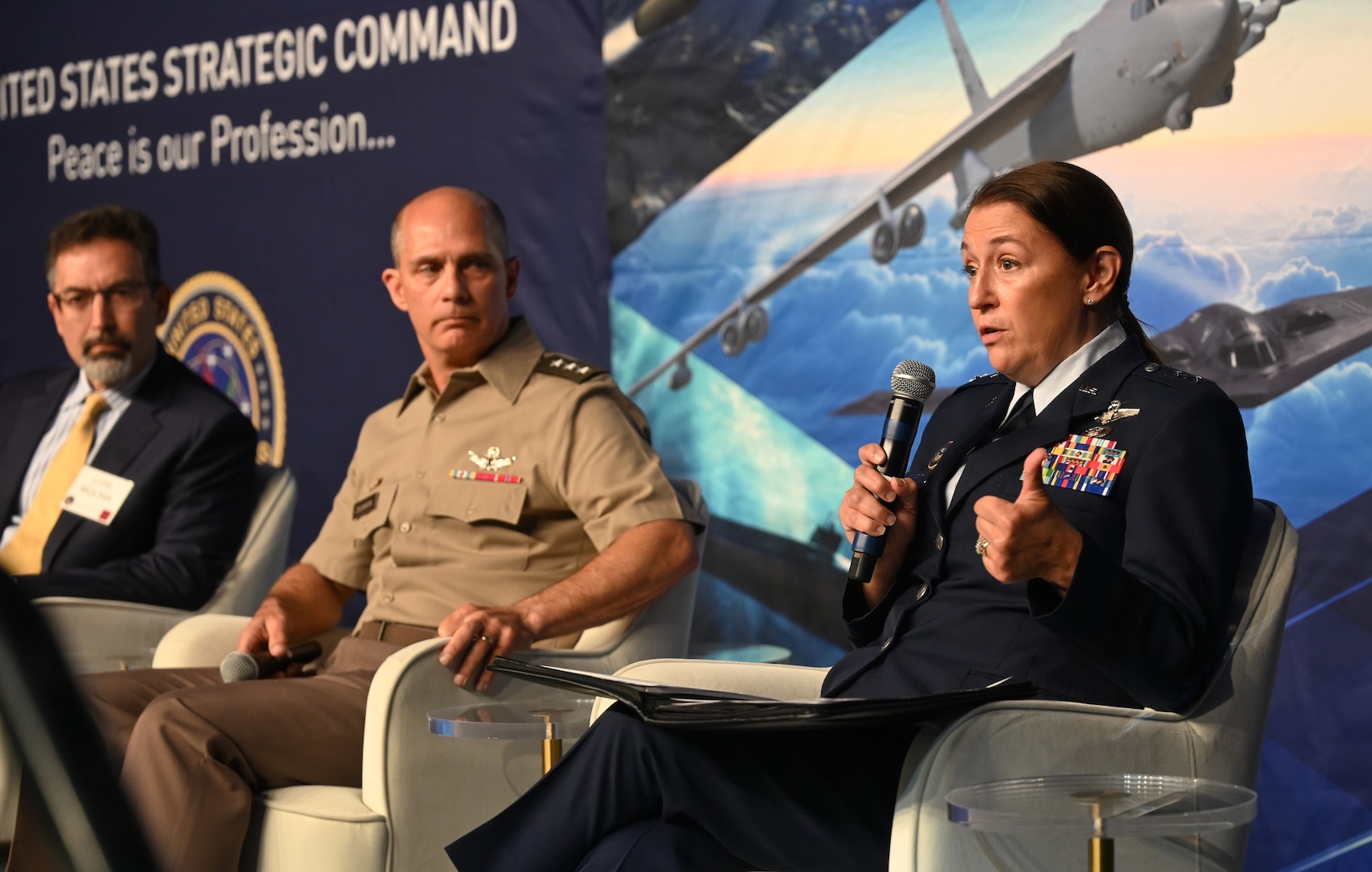 U.S. Air Force Maj. Gen. AnnMarie Anthony, director of joint electromagnetic spectrum operations center, U.S. Strategic Command, participates in a panel discussion, at USSTRATCOM’s 16th Deterrence Symposium in Omaha, Nebraska, August 5, 2026. The Deterrence Symposium is the premiere event for USSTRATCOM, drawing from academic, government, military, and international experts, with the goal of exploring a broad range of deterrence issues and thinking. (U.S. Air Force photo by Zachary Hada)