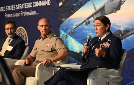 U.S. Air Force Maj. Gen. AnnMarie Anthony, director of joint electromagnetic spectrum operations center, U.S. Strategic Command, participates in a panel discussion, at USSTRATCOM’s 16th Deterrence Symposium in Omaha, Nebraska, August 5, 2026. The Deterrence Symposium is the premiere event for USSTRATCOM, drawing from academic, government, military, and international experts, with the goal of exploring a broad range of deterrence issues and thinking. (U.S. Air Force photo by Zachary Hada)