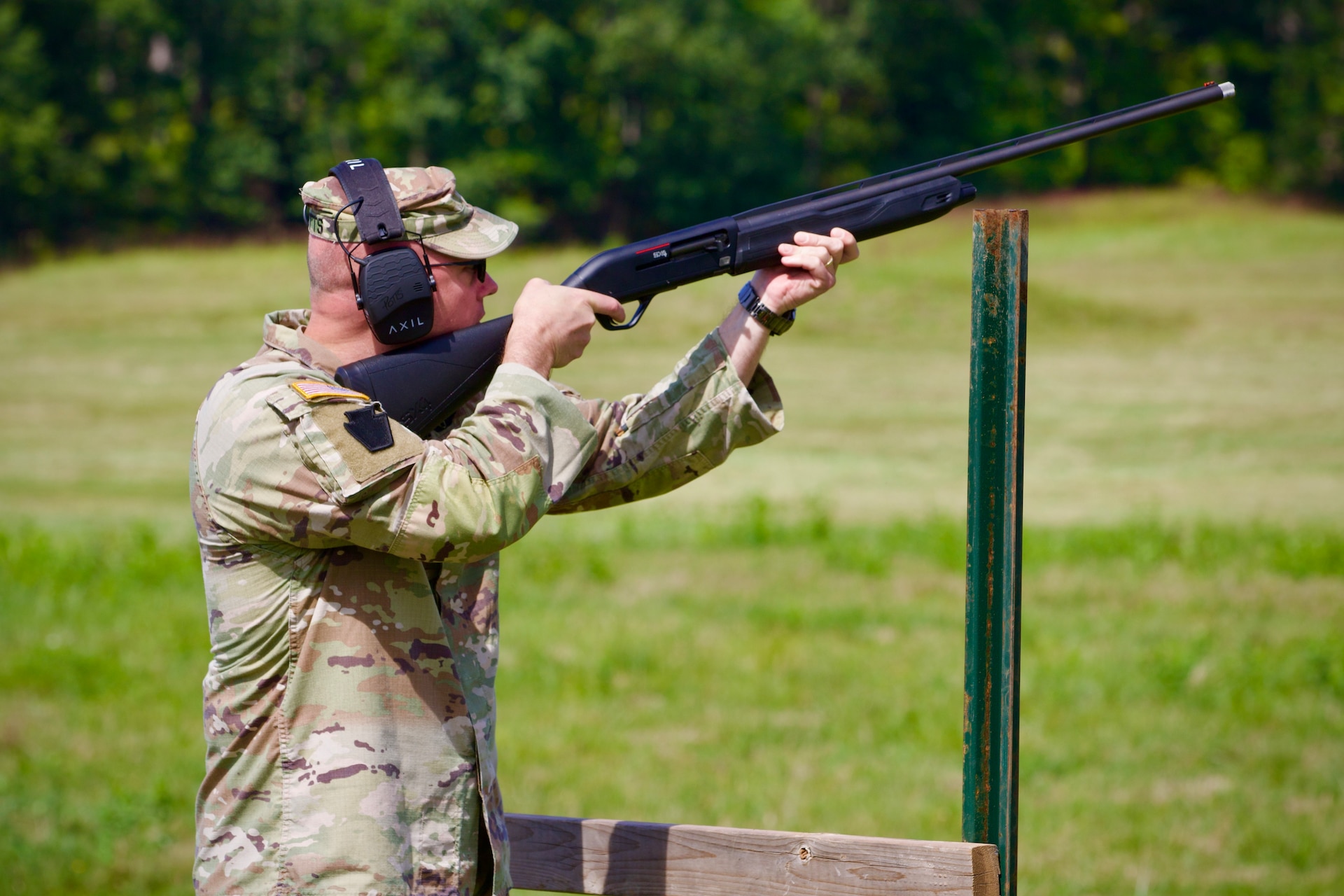 U.S. Army Col. Kevin Potts, commander of the Fort Indiantown Gap garrison, engages a clay target during a skeet shooting event at Fort Indiantown Gap, Pennsylvania, Aug. 28, 2025. The firing ranges at Fort Indiantown Gap offer well-maintained venues to host recreational events like this, which was open to all service members and civilians here and allowed them to use their personally-owned firearms. (U.S. Army National Guard photo by Maj. Travis Mueller)