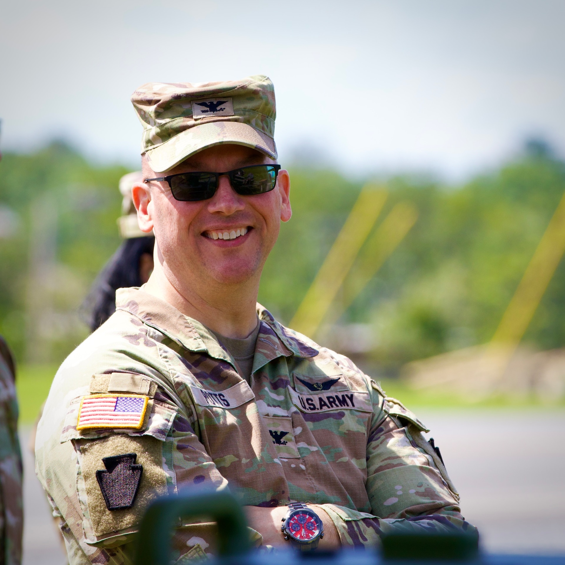 U.S. Army Col. Kevin Potts, commander of the Fort Indiantown Gap garrison, laughs with a colleague during a skeet shooting event at Fort Indiantown Gap, Pennsylvania, Aug. 28, 2025. The firing ranges at Fort Indiantown Gap offer well-maintained venues to host recreational events like this, which was open to all service members and civilians here and allowed them to use their personally-owned firearms. (U.S. Army National Guard photo by Maj. Travis Mueller)