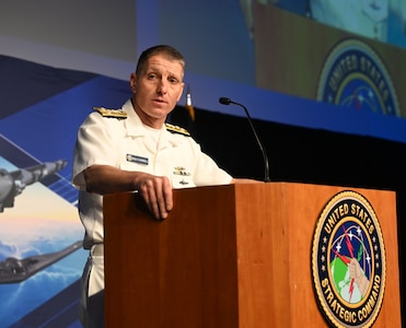 U.S. Navy Adm. Rich Correll, commander, U.S. Strategic Command, delivers welcoming remarks ahead of the 16th USSTRATCOM Deterrence Symposium held in the CHI Health Center in Omaha, Nebraska, August 5, 2026. The Deterrence Symposium is the premiere event for USSTRATCOM, drawing from academic, government, military, and international experts, with the goal of exploring a broad range of deterrence issues and thinking. (U.S. Air Force photo by Zachary Hada)