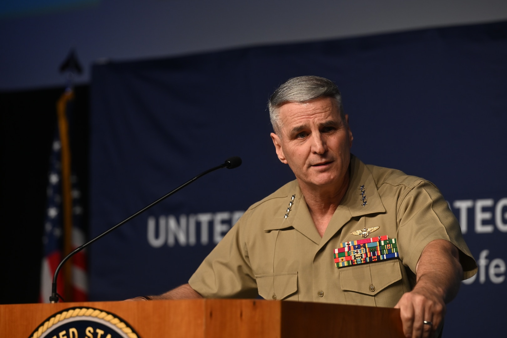 U.S. Marine Corps Gen. Christopher Mahoney, Vice Chairman of the Joint Chiefs of Staff, speaks during the U.S. Strategic Command’s16th Deterrence Symposium in Omaha, Nebraska, August 6, 2026. The Deterrence Symposium is the premiere event for USSTRATCOM, drawing from academic, government, military, and international experts, with the goal of exploring a broad range of deterrence issues and thinking. (U.S. Air Force photo by Zachary Hada)