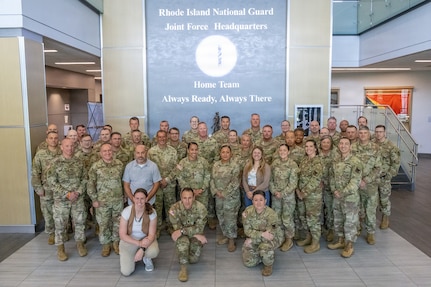 National Guard Soldiers, Airmen and interagency partners pose for a photo during the National Guard Joint Planners Course on Aug. 6, 2026, at Camp Fogarty, Rhode Island.