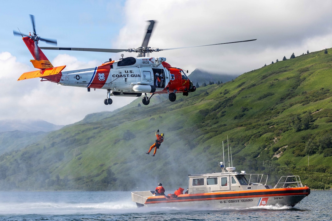 A Coast Guardsman holds a cable and descends from a helicopter hovering above a body of water, with a boat nearby; land with green vegetation and a mountain range are in the background.