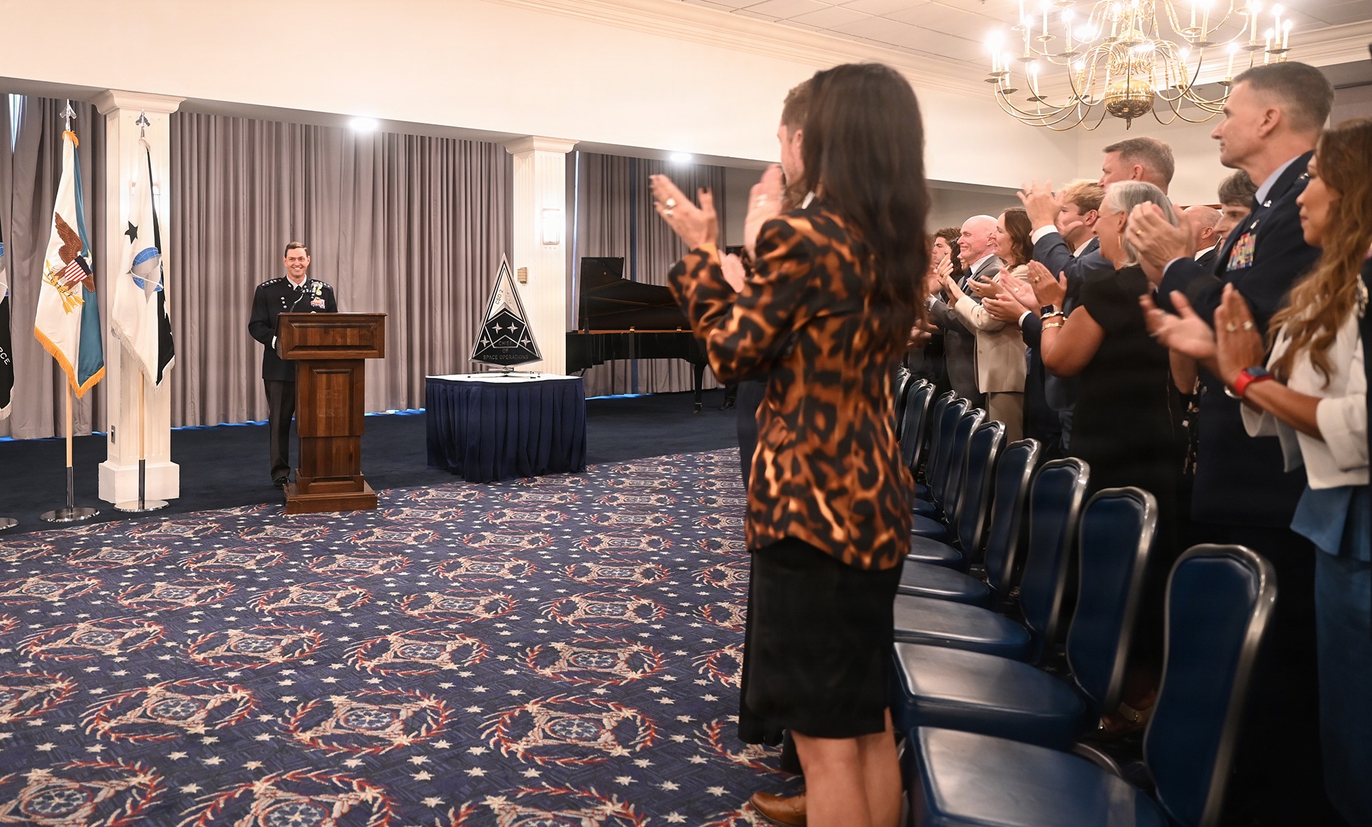 Chairman of the Joint Chiefs of Staff Gen. Dan Caine hosts a retirement ceremony in honor of Chief of Space Operations Gen. Chance Saltzman at Joint Base Anacostia-Bolling, Washington, D.C., Aug. 13, 2026.