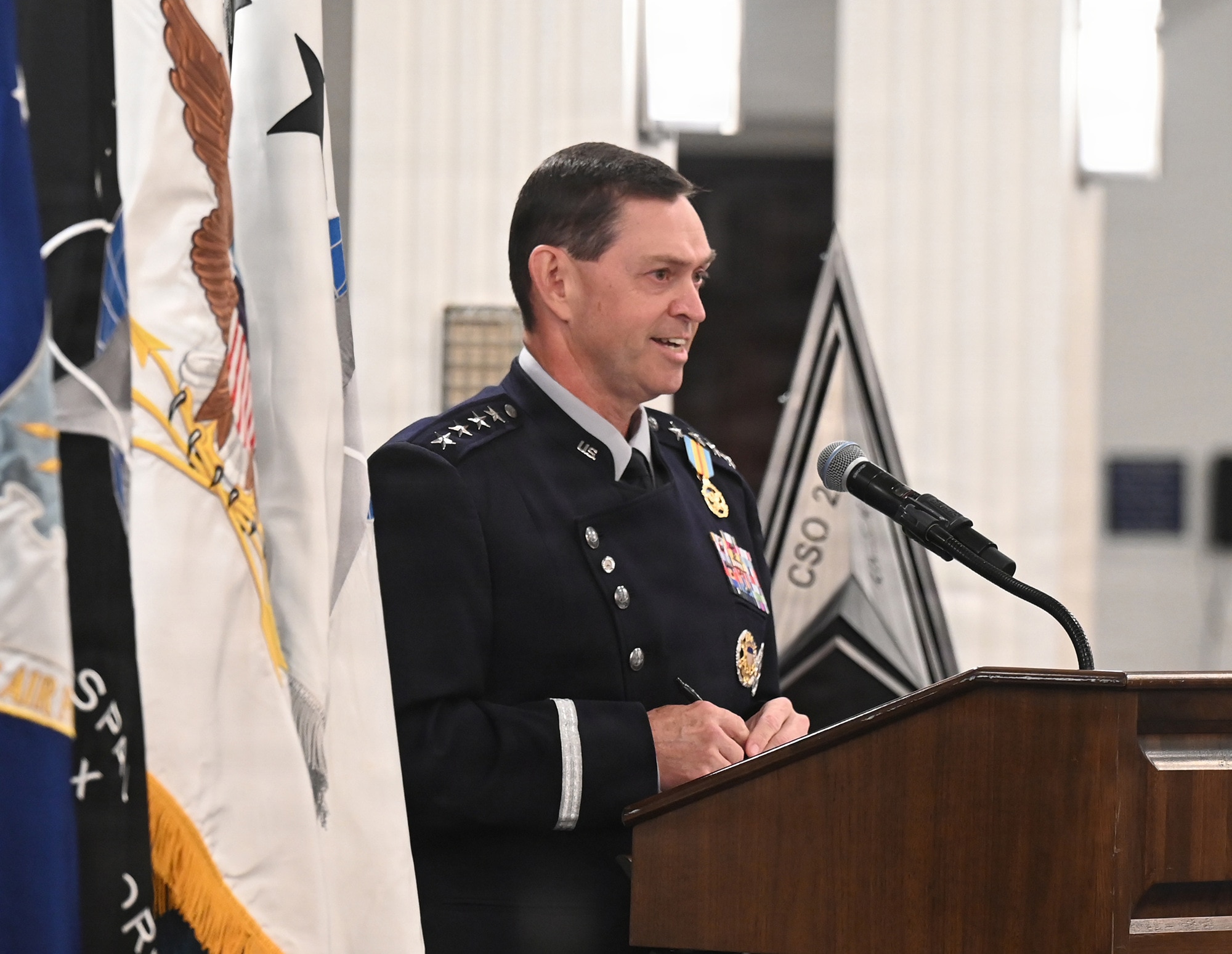 Chief of Space Operations Gen. Chance Saltzman speaks to the audience during his retirement ceremony at Joint Base Anacostia-Bolling, Washington D.C., Aug. 13, 2026.