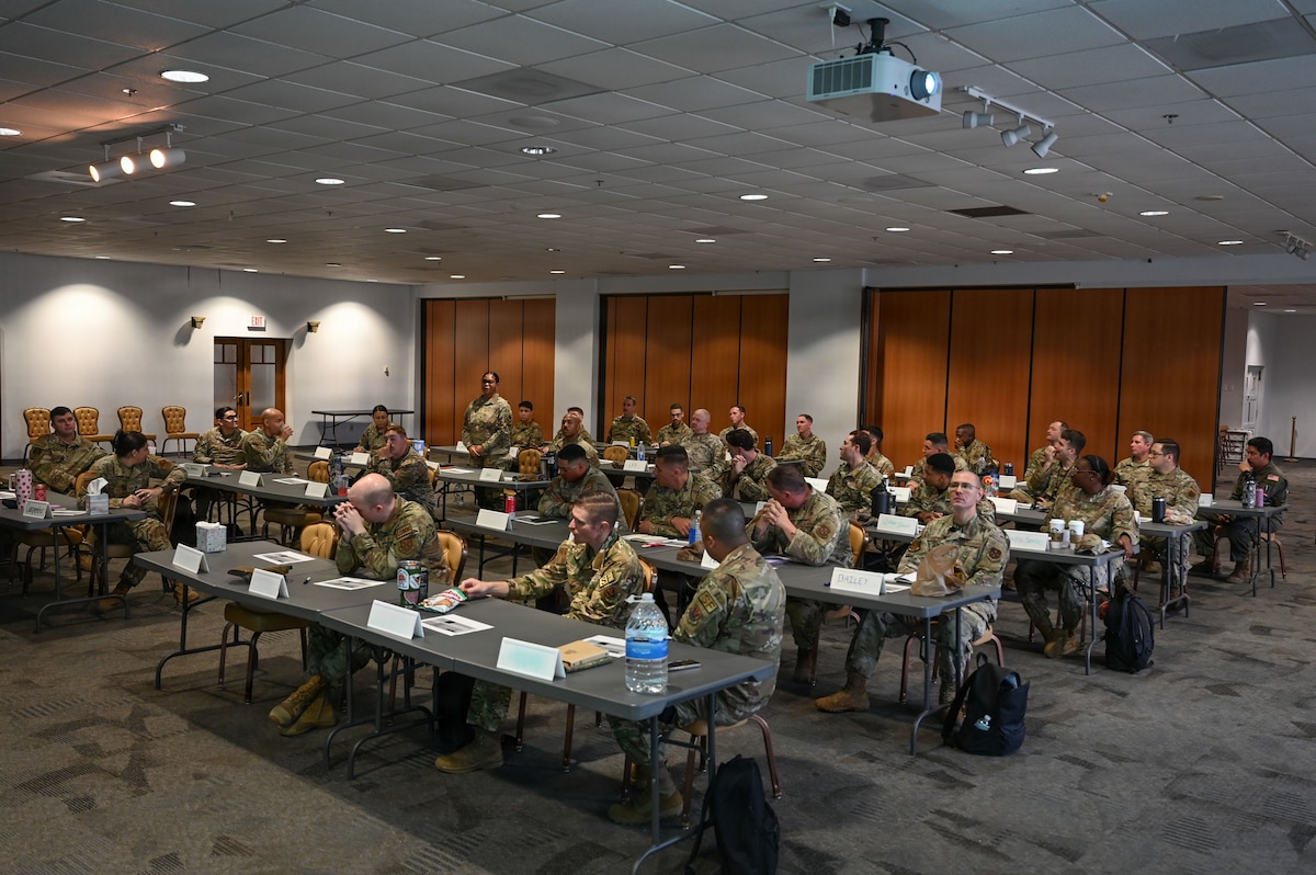 U.S. Air Force master sergeant selects attend the orientation of the Senior Noncommissioned Officer Professional Enhancement Seminar at Davis-Monthan Air Force Base, Arizona, Aug. 3, 2026. The seminar provides master sergeant selects with real world perspectives, leadership tools and operational insight to better lead Airmen, strengthen mission readiness and support the evolving demands of the force. (U.S. Air Force photo by Staff Sgt. Kahdija Slaughter)