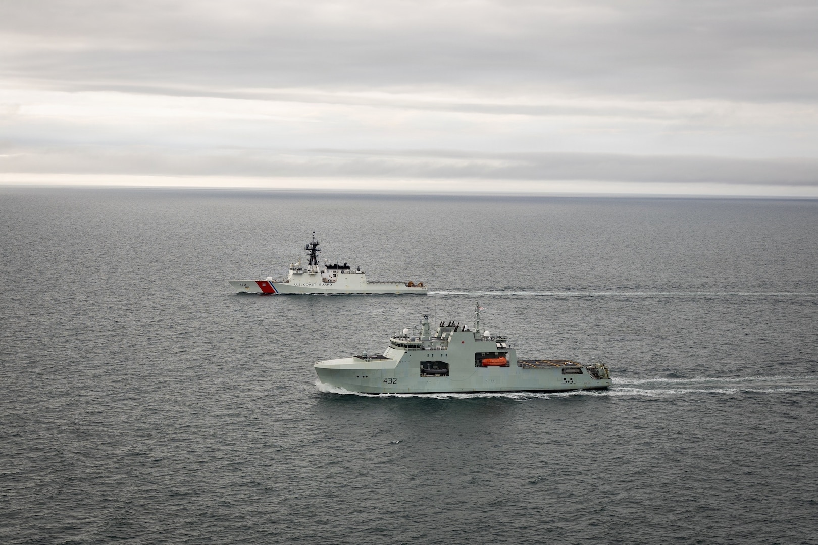 U.S. Coast Guard Cutter Stratton (WMSL 752) and Royal Canadian Navy HMCS Max Bernays (AOPV 432) conduct a combined sail in the Bering Strait, Aug. 11, as part of Operation TUNDRA MERLIN. The combined sail demonstrated the ability of U.S. and Canadian forces to integrate maritime capabilities across the Arctic and reinforced the two nations' longstanding defense partnership. (U.S. Coast Guard Courtesy photo)