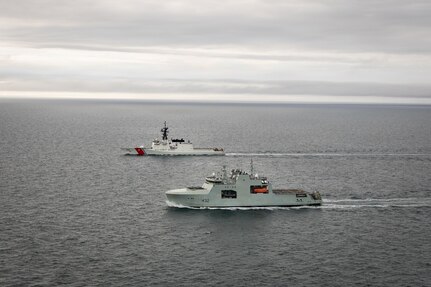U.S. Coast Guard Cutter Stratton (WMSL 752) and Royal Canadian Navy HMCS Max Bernays (AOPV 432) conduct a combined sail in the Bering Strait, Aug. 11, as part of Operation TUNDRA MERLIN. The combined sail demonstrated the ability of U.S. and Canadian forces to integrate maritime capabilities across the Arctic and reinforced the two nations' longstanding defense partnership. (U.S. Coast Guard Courtesy photo)