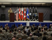 Gen. Michael Hyldgaard, chief of defense, Kingdom of Denmark, delivers opening remarks at the 75th anniversary of Pituffik Space Base at Pituffik SB, Greenland, Aug. 12, 2026.