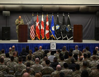 Gen. Michael Hyldgaard, chief of defense, Kingdom of Denmark, delivers opening remarks at the 75th anniversary of Pituffik Space Base at Pituffik SB, Greenland, Aug. 12, 2026.