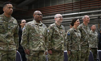 Space Base Delta 1 and 821st Space Base Group leadership prepare to sing the U.S. Air Force song at the 75th Anniversary of Pituffik Space Base at Pituffik SB, Greenland, Aug. 12, 2026.